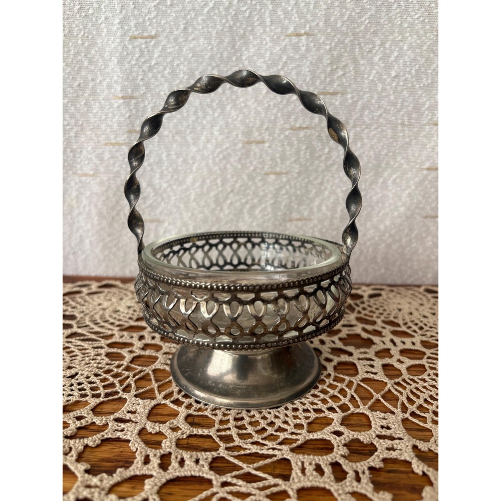 Vintage England Silver Plate Preserve Basket Glass Liner Fixed Twisted Handle